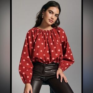 Maeve Poplin Bubble Blouse Red Pink Small